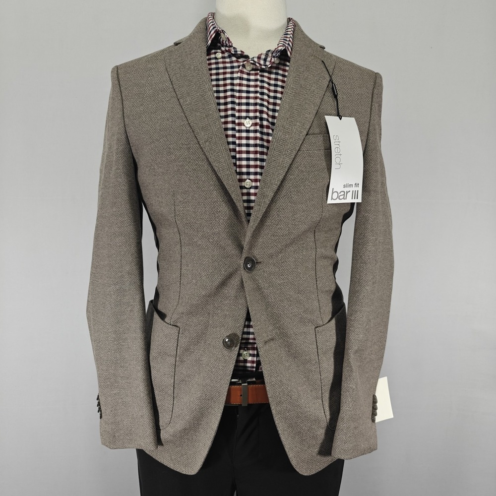 Bar III Men's Sport Coat Blazer Two Button Brown Herringbone Polyblend 38R NEW